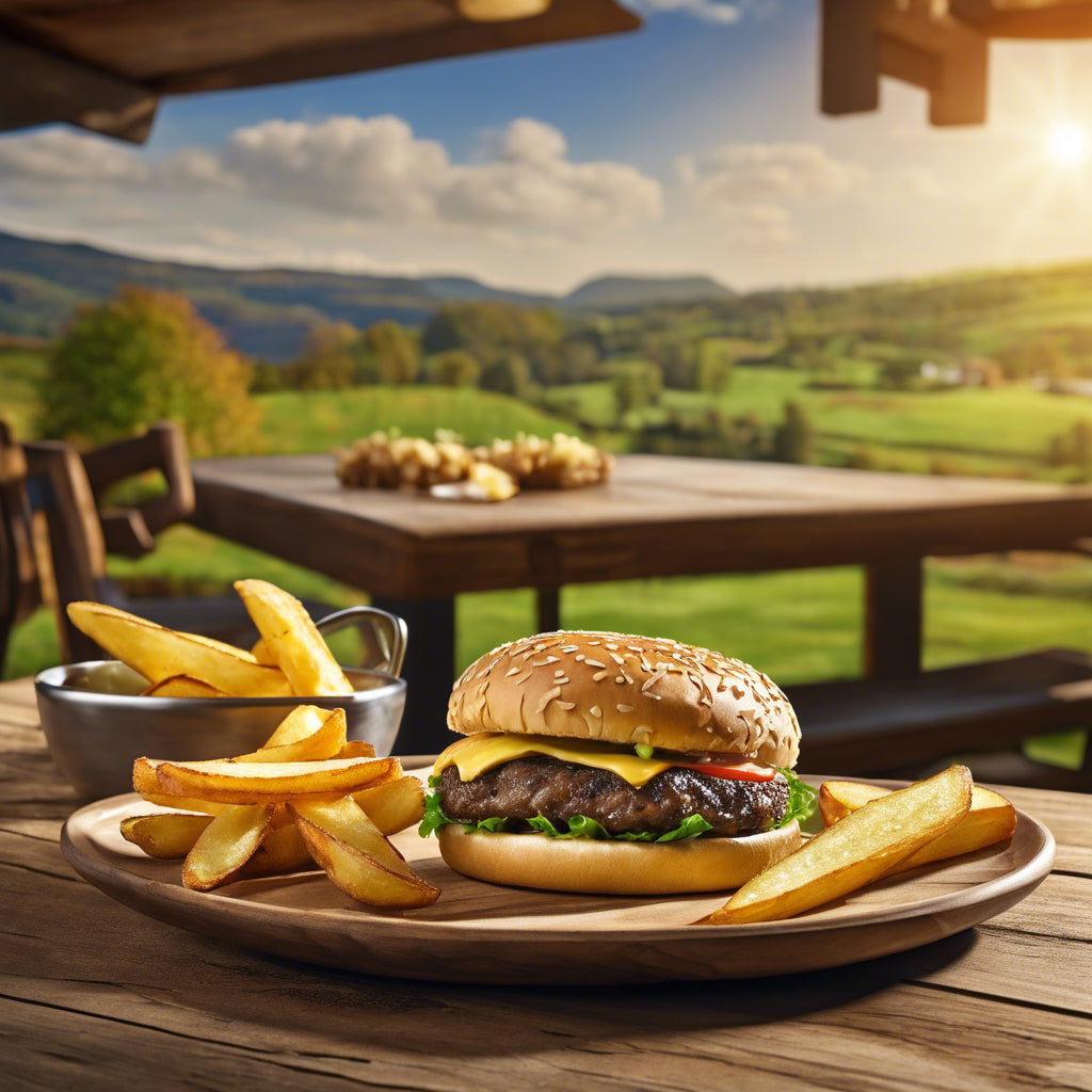 Kids Cheeseburger, with wedges and organic apple juice box.
